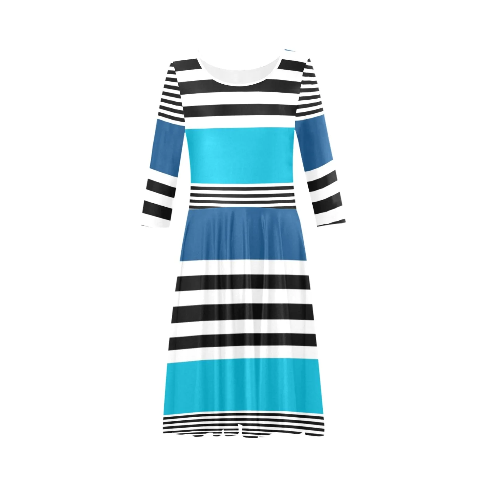 shades of blue bw stripe Tethys Half-Sleeve Skater Dress(Model D20)