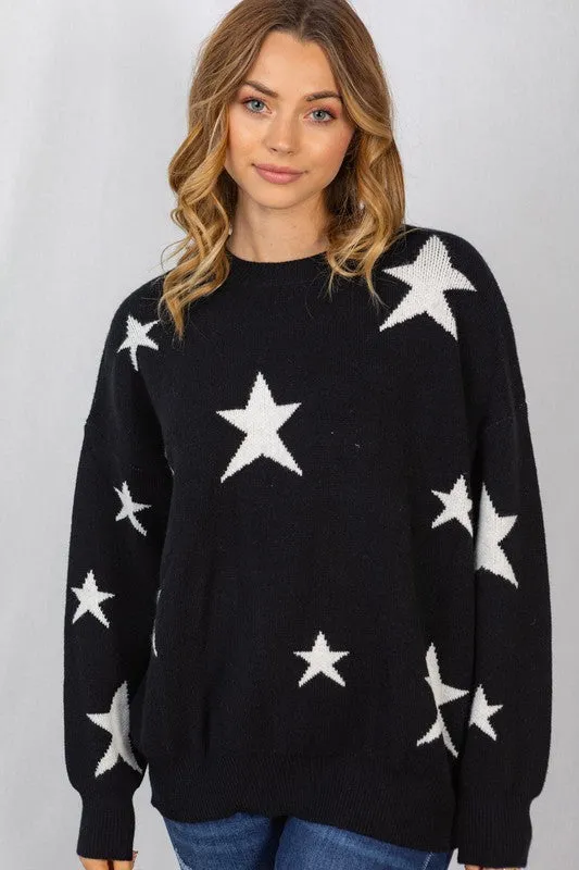 Star Bubble Sleeve Sweater-Black