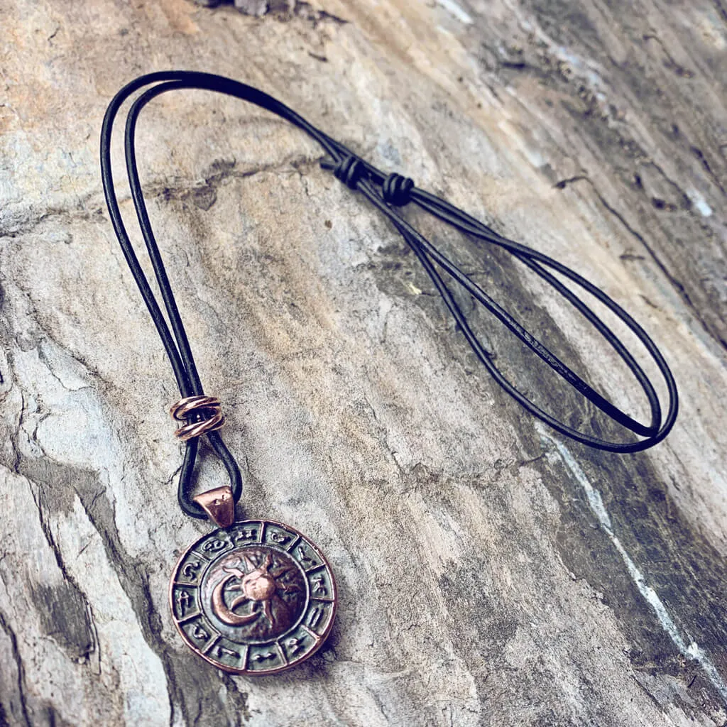 zodiac // men's sun & moon medallion leather necklace