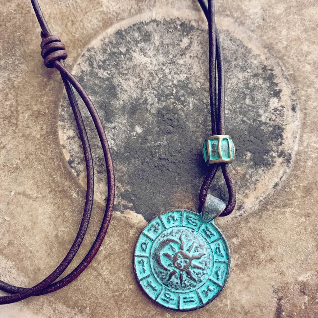 zodiac // men's sun & moon medallion leather necklace